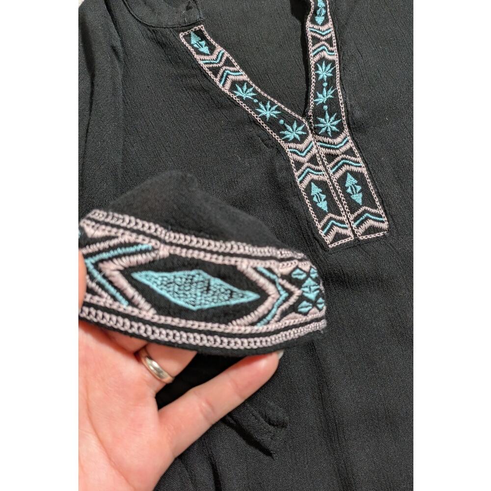 Rock & Roll Cowgirl Black‎ Embroidered Tie-Sleeve Peasant Blouse Size M - Picture 4 of 6